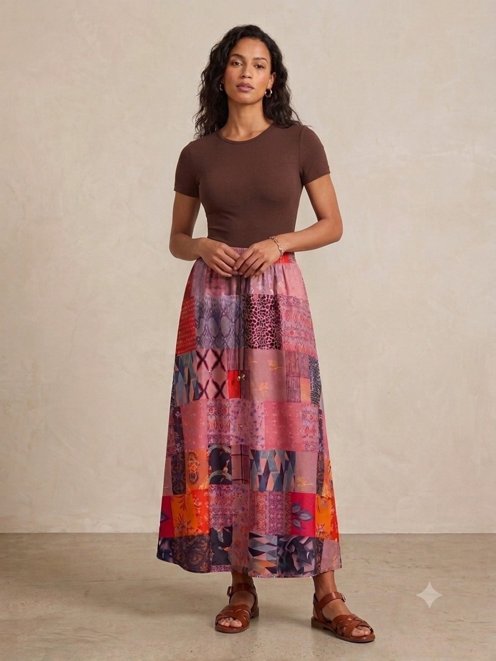 Bohemian Patchwork Pink Maxi Skirt with Elastic Waist